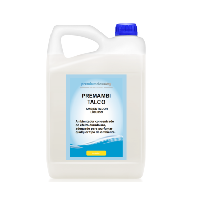 Recipiente plástico branco de ambientador líquido Premambi Talco com rótulo azul e branco