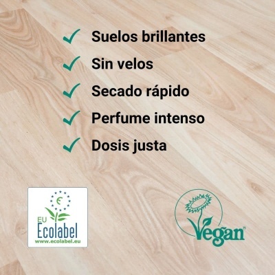 Características do produto com fundo em madeira clara, inclui logos EU Ecolabel e Vegan.