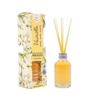 Difusor Mikado de vanilla com embalagem floral e garrafa de vidro com sticks