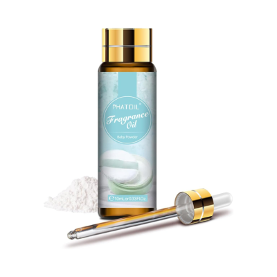 Frasco de óleo de fragrância PHATOIL com conta-gotas e pó branco ao lado