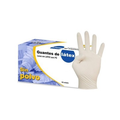 Caixa de luvas de látex branca com texto em português e luva branca direita.