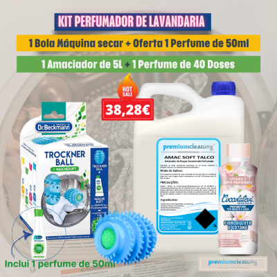 Kit perfumador de lavandaria com bola para máquina de secar azul, amaciador de 5 litros e perfume de 40 doses