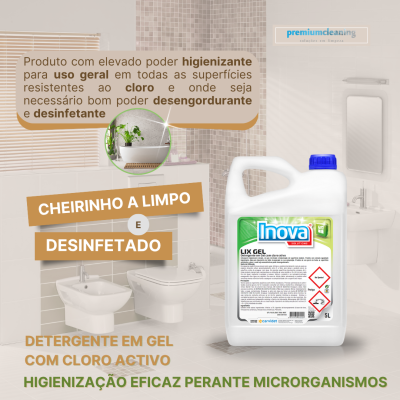 Detergente em gel Inova 5 litros com cloro ativo ao lado de lavatório e bidé