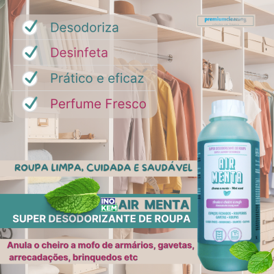 Frasco do super desodorizante de roupa AIR MENTA INOKEM sobre fundo de armário com roupas e caixas organizadoras