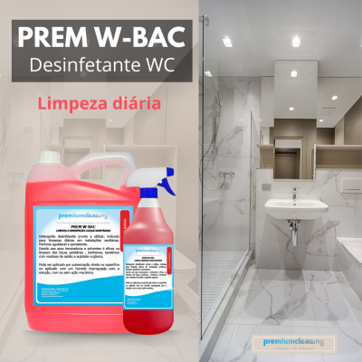 Desinfetante PREM W-BAC em embalagens vermelhas com rótulos azuis e casa de banho moderna ao fundo