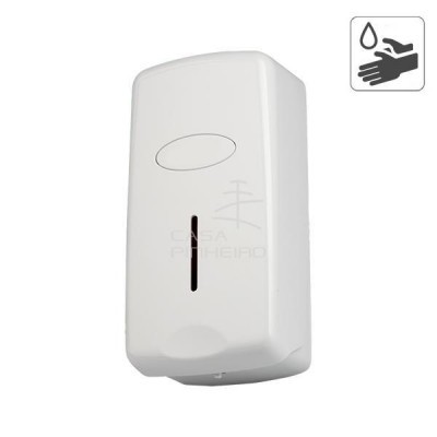 Dispensador automático de sabonete branco com visor estreito e ícone de lavar as mãos