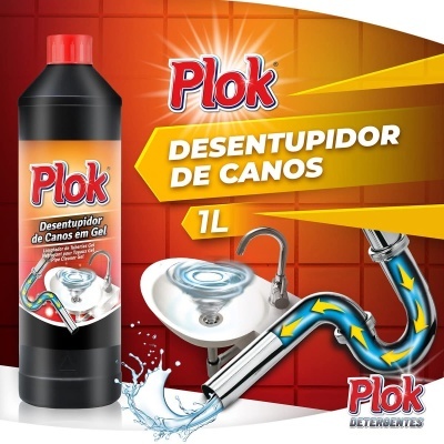 Desentupidor de canos em gel Plok 1L em embalagem preta com rótulo vermelho e amarelo