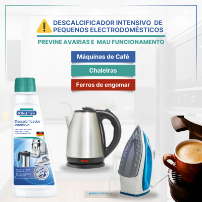 Descalcificador intensivo Beekman, chaleira metálica, ferro de engomar e máquina de café com chávena numa cozinha moderna