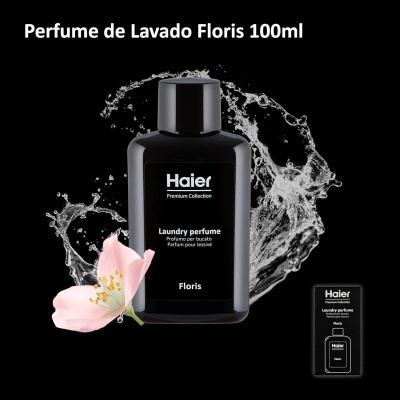 Frasco preto de perfume de lavagem Haier Floris com flor e splash de água em fundo preto