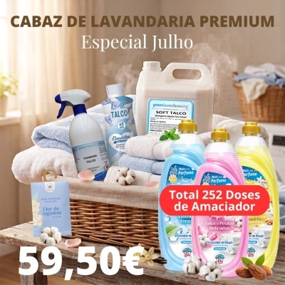 Conjunto de produtos de lavandaria com detergentes e amaciadores em cesto de verga.