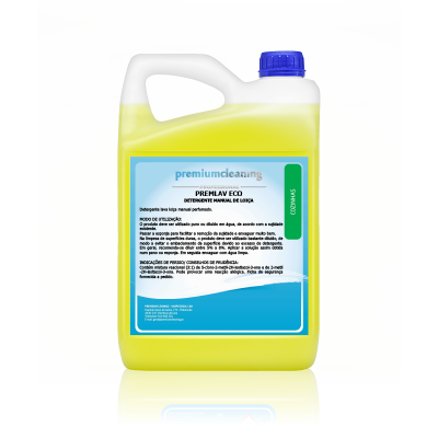 Recipiente plástico amarelo com tampa azul e rótulo azul e branco