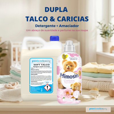 Produtos detergente líquido e amaciador para roupa, embalagens branca e rosa com ursinhos, sobre mesa com tecidos