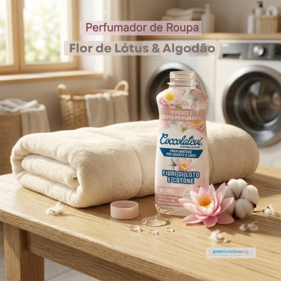 Frasco de perfume para roupa com desenho de flores de lótus e algodão, ao lado de toalha creme e flor de lótus numa mesa de madeira