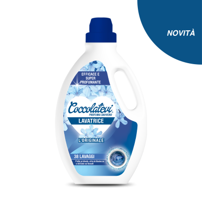 Frasco de detergente branco com tampa e rótulo azul com flores e texto em italiano
