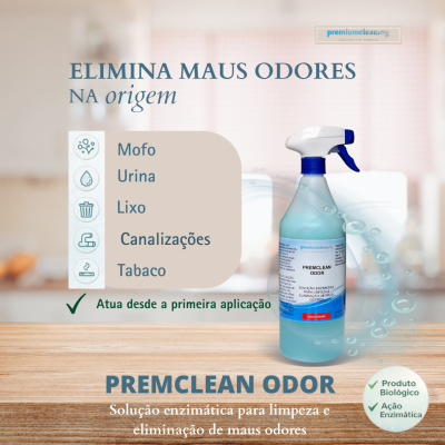 Frasco de spray azul claro com tampa branca e rótulo PREMCLEAN ODOR