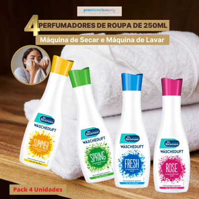 Quatro frascos de perfumador de roupa Dr. Beckmann com tampas coloridas e toalhas brancas ao fundo