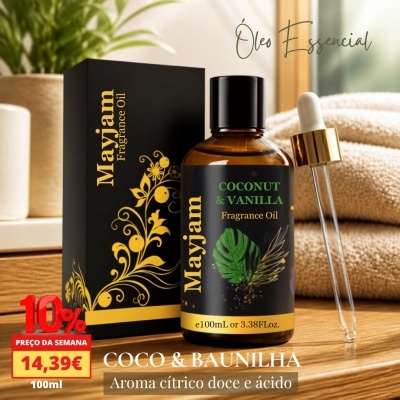 Óleo perfumado Mayjam coco e baunilha com conta-gotas e embalagem preta decorada
