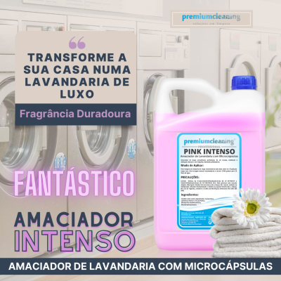 Amaciador de roupa premiumcleaning Pink Intenso em recipiente plástico branco com tampa azul sobre toalhas brancas em lavanderia.