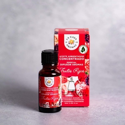 Óleo aromático concentrado Frutos Rojos com caixa vermelha e frasco pequeno