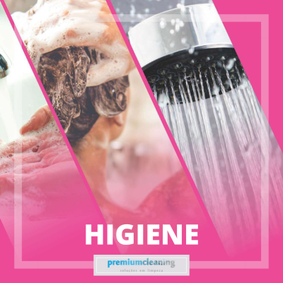 Imagem com cenas de lavagem de cabelo e chuveiro com texto higiene