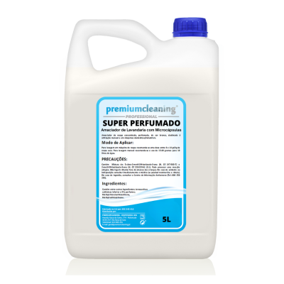 Recipiente plástico branco 5 litros com tampa azul e etiqueta de amaciador super perfumado