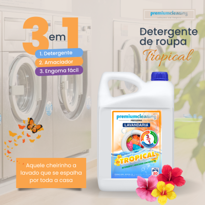 Galão de detergente para roupa tropical premiumcleaning junto a máquinas de lavar