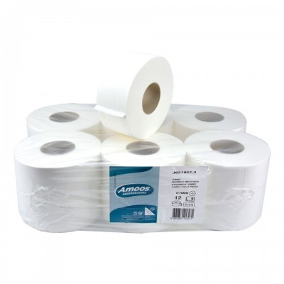Pack de 12 rolos de papel higiénico branco Amoos Professional em embalagem transparente