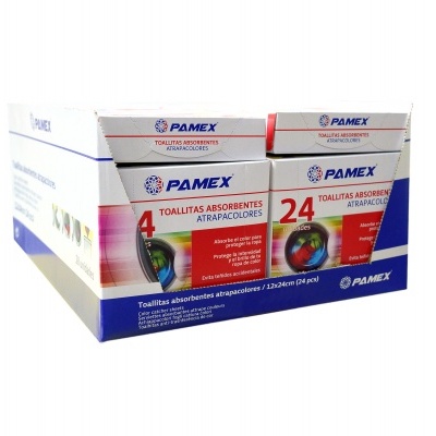 Caixa de toalhitas absorventes PAMEX em embalagens de 4 e 24 unidades