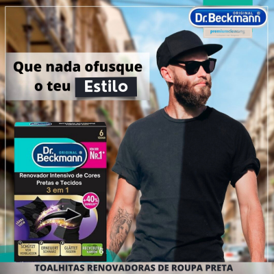 Homem com roupa preta ao lado da embalagem Dr. Beckmann Renovador Intensivo de Cores Pretas