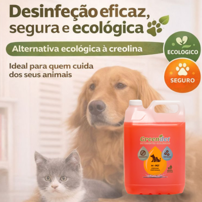 Detergente ecológico para animais Greendet junto a um cão dourado e um gato cinzento