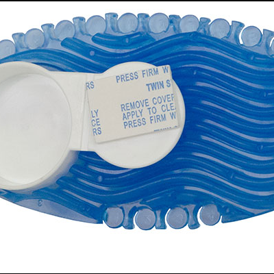 Sola de sapato azul com tampa branca e texto impresso