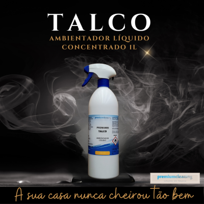 Frasco de ambientador líquido concentrado Talco com pulverizador azul e branco
