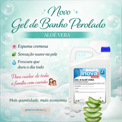 Gel de banho perolado Aloé Vera Inova Solutions em embalagem branca 5L com fatias de aloé vera ao lado