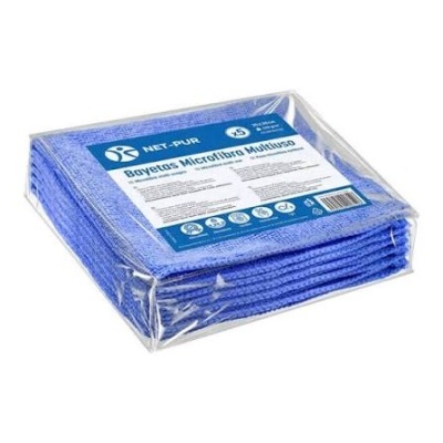 Pacote com 5 bayetas de microfibra azuis NET-PUR em embalagem transparente