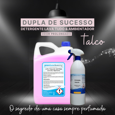 Dois produtos de limpeza Premium Cleaning LS Talco Extra e Talco em fundo escuro