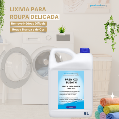 Garrafão de lixívia para roupa delicada com tampa azul e máquina de lavar ao fundo