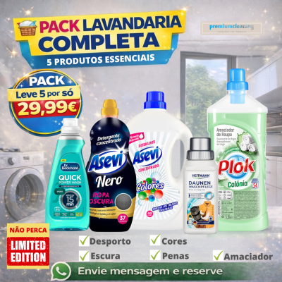 Pack de produtos essenciais para lavanderia com detergentes e amaciadores coloridos, texto promocional e máquina de lavar ao fundo.