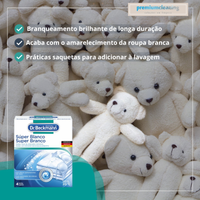 Ursinhos de pelúcia brancos com pacote de produto Dr. Beckmann Súper Blanco