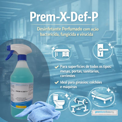 Spray desinfetante azul Prem-X-Def-P com texto e pano azul em ambiente de ginásio