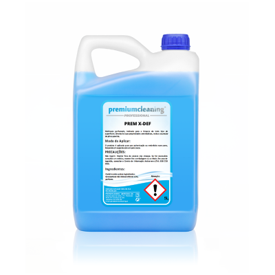 Recipiente plástico azul premiumcleaning com tampa azul e etiqueta informativa