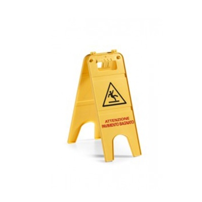 Placa amarela de aviso de piso molhado em plástico.