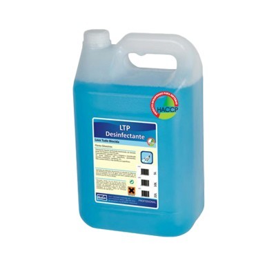 Garrafa de desinfetante azul LTP com rótulo e selo HACCP