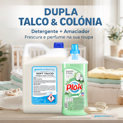 Detergente líquido Soft Talco e amaciador Plok Colónia sobre mesa com roupas dobradas ao fundo