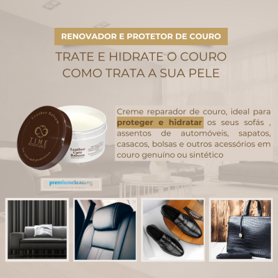 Creme reparador de couro em embalagem branca com tampa castanha.