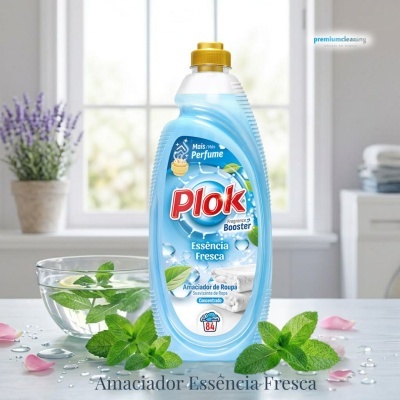 Frasco azul claro de amaciador Plok Essência Fresca com folhas de hortelã e gotas de água