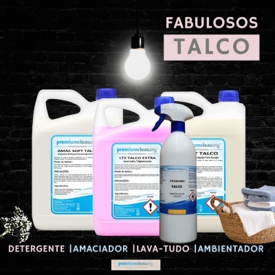 Produtos de limpeza premiumcleaning em embalagens brancas com texto FABULOSOS TALCO