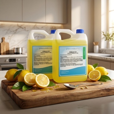 Dois frascos de detergente amarelo PREMLAV ECO com limões numa tábua de madeira