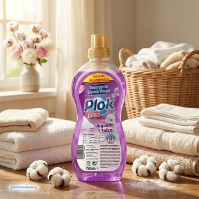 Frasco de detergente líquido Plok Basic Algodão e Talco com toalhas e algodão