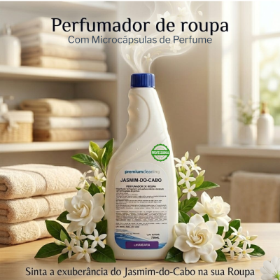 Frasco branco de perfume para roupa Jasmim-do-Cabo com flores brancas e folhas verdes ao redor