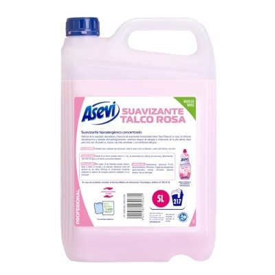 Recipiente plástico translúcido 5L com líquido rosa e etiqueta Asevi Suavizante Talco Rosa